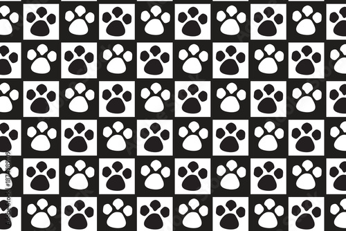 A high-contrast, repeating pattern features a black and white checkerboard design. Each square contains a stylized paw print. The paw prints reverse color relative to their background square:
