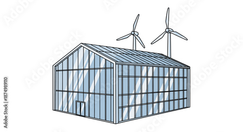 This clear illustration depicts a contemporary glass building powered by two towering wind turbines, showcasing innovative sustainable energy solutions and eco-friendly architecture.