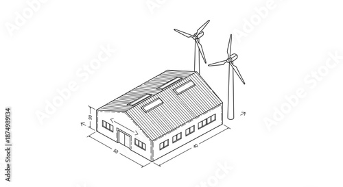 An isometric technical drawing illustrates a modern industrial building powered by two tall wind turbines, emphasizing sustainable energy solutions and architectural design.