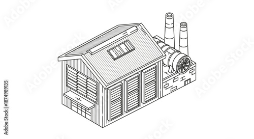 An isometric line art illustration depicts a small industrial factory building with multiple windows and smokestacks, symbolizing manufacturing and production.