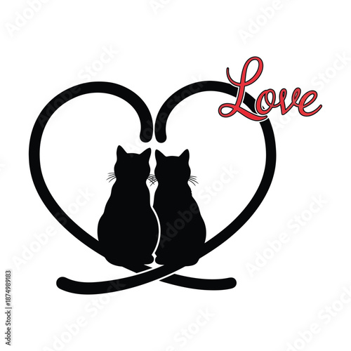 Black cat with heart and mouse cartoon illustration