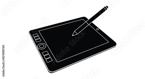 A sleek digital drawing tablet with a stylus pen presented in a dark silhouette