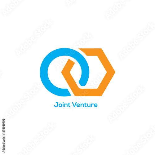 Joint venture icon with blue circle and orange hexagon representing business partnership collaboration professional unity success strategic corporate alliance.
