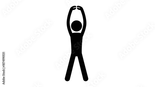 Energetic black silhouette stickman stretching arms high above head, expressing vitality and readiness on a plain bright background, symbolizing active living.