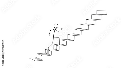 Energetic stickman walking up a flight of stairs, diligently making progress on an isolated white background, depicting forward movement and growth.