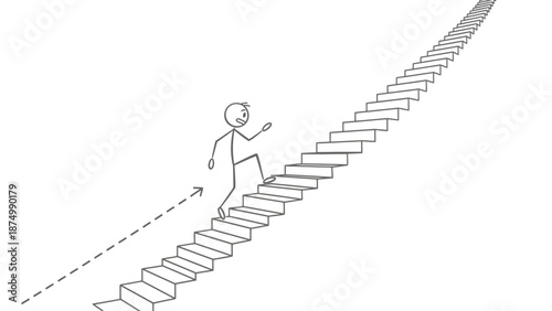 Determined stickman character climbing endless stairs, ascending towards success on an isolated white background, symbolizing progress and aspiration.