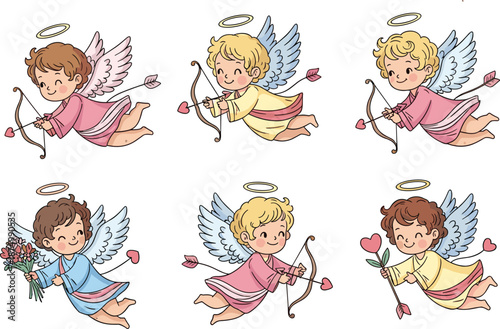 "Sweet angel babies with wings, shooting love arrows, holding flowers, and hearts, perfect for Valentine's Day and romance themes."