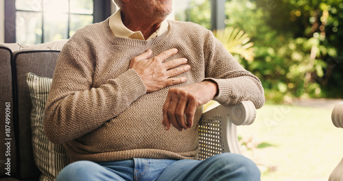 Bild auf Leinwand Hands, senior man and chest pain at house from cardiac attack, heart failure and hypertension