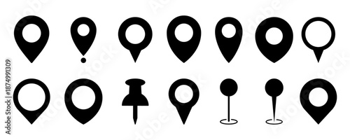 Location, map, and pin icon collection. GPS, place, markers, pinpoing, position, and navigation icons set. Vector illustration transparent background