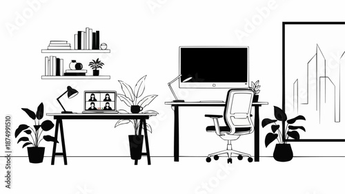 Modern Home Office Setup with Computer and Plants.