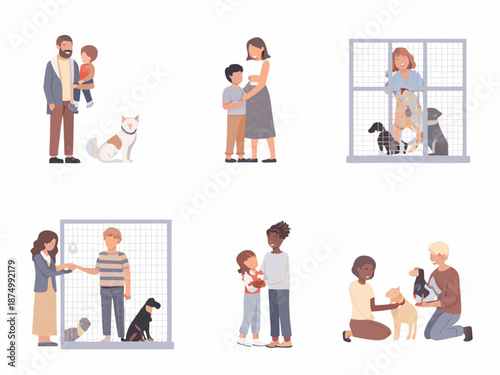 people adopting dogs from a shelter with their families