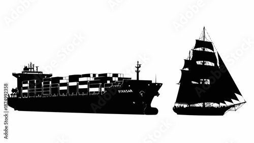 Modern container ship and vintage sailing ship comparison.