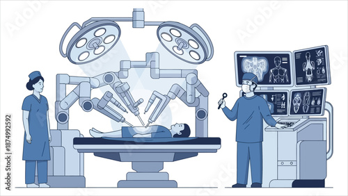 Vector illustration of surgeons using a robotic surgical system with monitors showing patient vital signs and anatomy in a modern operating.