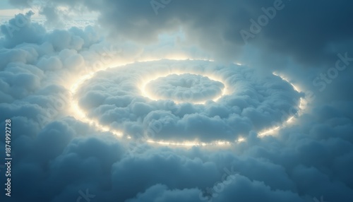 Ethereal glowing spiral portal emerges from mystical clouds at twilight with radiant golden light illuminating dramatic