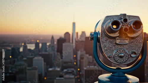Coinoperated tourist binoculars overlooking a city skyline at sunset