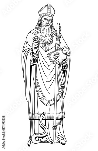 Saint Patrick line art illustration with bishop mitre, staff and cross. Traditional Irish religious figure in ceremonial robes standing on serpent. Perfect for coloring books, religious materials and 