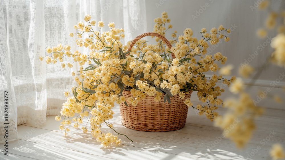 Fototapeta premium 春の朝、窓辺の籐かごに生けたミモザの花を室内でやさしく捉えた、人物なし