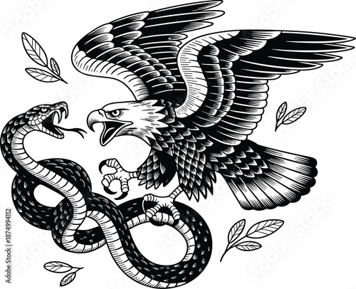 Hand drawn bald eagle fighting a snake in mid-air, classic tattoo style predator vs prey woodcut sketch vector illustration isolated on white.
