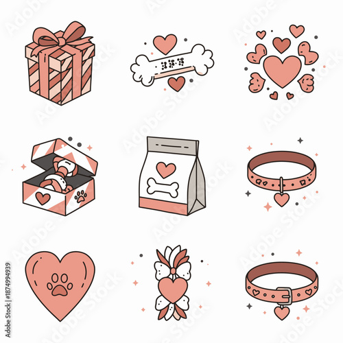 A charming collection of flat vector icons depicting pet care items, gifts, and symbols of love, perfect for celebrating animal companions and special moments.