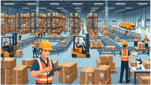 Warehouse workers loading and stacking goods using lifters and a forklift. Accounting and packing cargo on a production line..