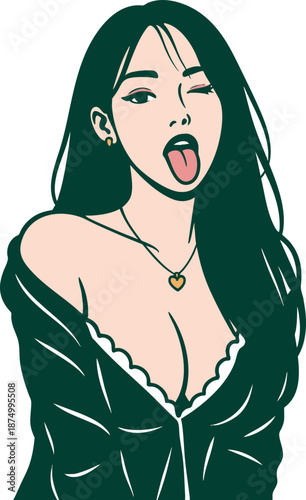 Playful young woman with long dark hair sticking out her tongue and winking suggestively, wearing a low-cut shirt with lace trim and a heart pendant necklace