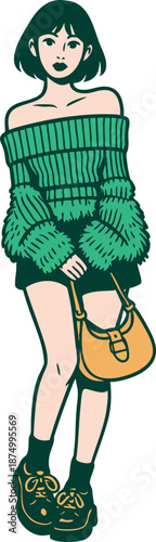 A stylish young woman in a green fuzzy sweater and shorts, holding a yellow handbag, exuding fashion-forward charm