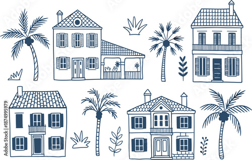 Hand drawn mediterranean coastal house vector set with palm trees, summer beach villa architecture, colonial style buildings, navy blue outline illustration on white background.