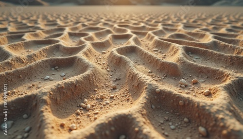 Close-up of rippled sand dunes in a desert under a warm golden sunset casting long shadows revealing texture and granular detail