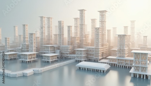 Futuristic Arctic Cityscape With Geometric Architecture Reflected In Calm Water Under Soft Sunlight And Hazy Atmosphere