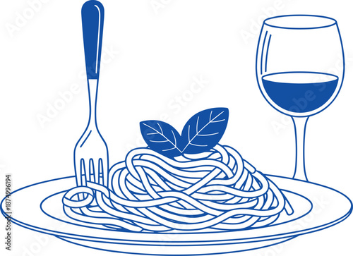 Hand drawn spaghetti pasta noodle dish on a plate with fresh basil leaves and a glass of red wine vector illustration isolated.