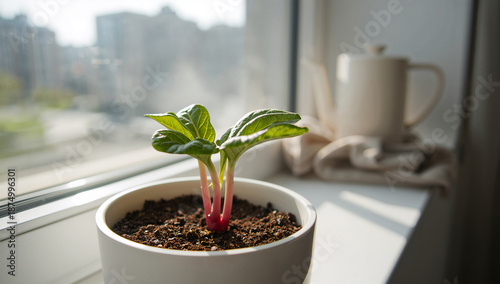 白いプランターの室内窓辺で育つ葉菜の苗を生活感のある明るい日中に撮影