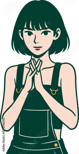 Charming illustration of a young woman with a bob haircut, dressed in stylish dark green overalls, standing calmly with her hands gently clasped together, exuding a friendly and approachable demeanor