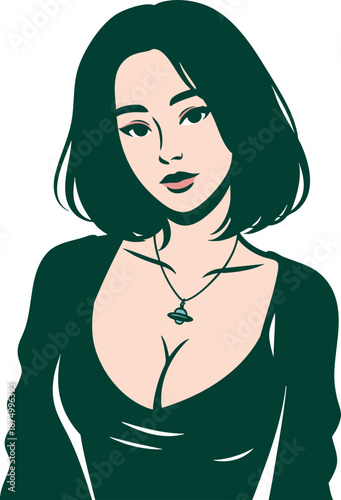 Attractive young woman with a necklace, illustration of a person with short dark hair and a low-cut shirt, 3/4 portrait