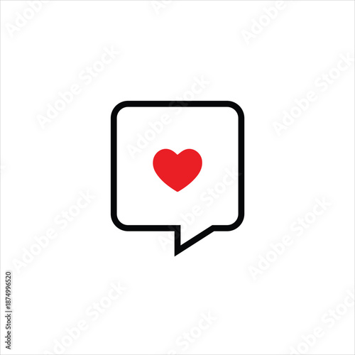 a visual element in the form of a speech balloon with a red heart icon inside it