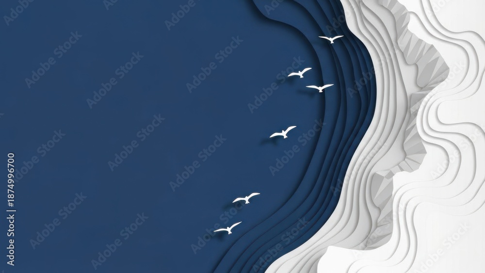 Fototapeta premium Serene coastal landscape with seagulls flying over ocean waves