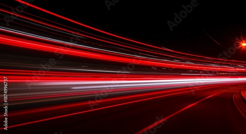 Abstract dark background featuring dynamic red and white streaking light trails showing rapid movement, futuristic energy, and nocturnal urban illumination