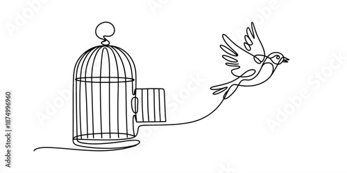 Minimalist continuous line drawing of a bird flying away from an empty cage, symbolizing freedom Vector, illustration