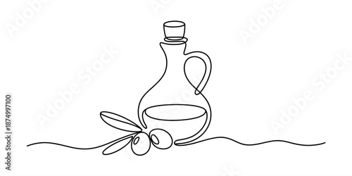 Continuous line drawing of an elegant olive oil cruet with fresh olive fruits Vector, illustration