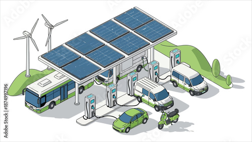  Electric car fleet charging at a parking lot with fast chargers. Bus, truck, van, motorcycle, and business vehicles connected to renewable solar and wind energy in a networked grid.
