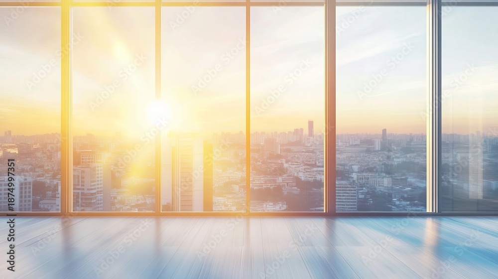 Fototapeta premium Softly blurred office interior with large windows showcasing topaz light, plants, and modern furnishings creating a serene workspace atmosphere