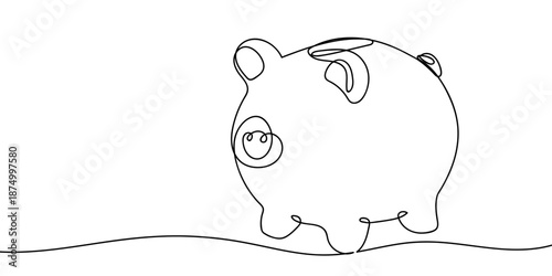 A single-line piggy bank in the shape of a pig, a continuous financial business concept. Minimalist vector illustration on transparent background Editable stroke.