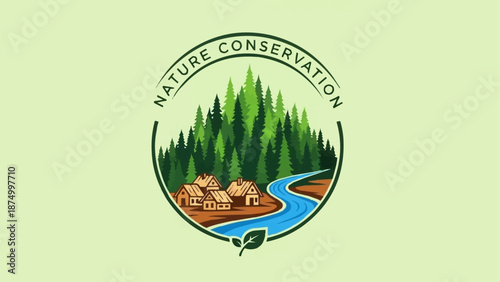 Nature Conservation Emblem with Forest River and Village.