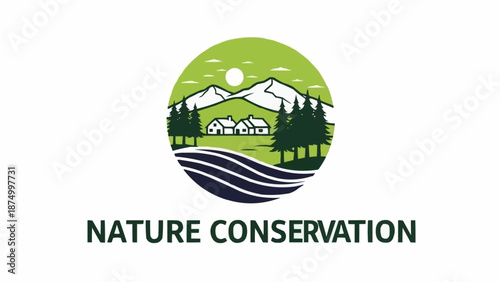 Nature Conservation Logo with Mountains and Trees.