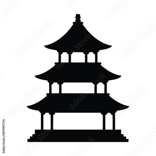 Traditional Asian Pagoda Temple Silhouette Isolated on White