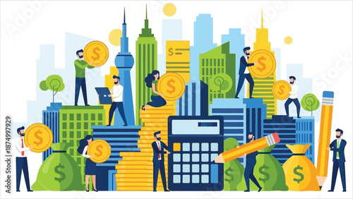 Financial management vector illustration featuring men with coins and a pen, and a woman with a coin, calculator, and money bag, on a city background
