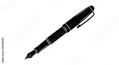 A striking black fountain pen design is presented in a detailed monochromatic silhouette