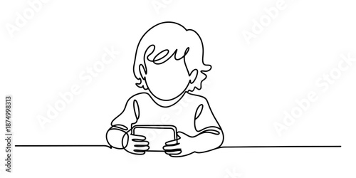 Continuous line drawing of a young child playing with a smartphone or tablet device Vector, illustration