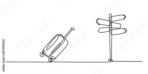 Continuous line art illustration of a travel suitcase at a crossroads signpost Vector, illustration