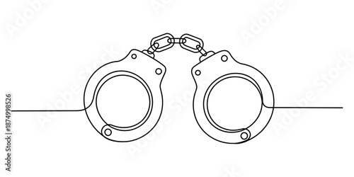 Continuous line art drawing of a pair of handcuffs on a white background Vector, illustration
