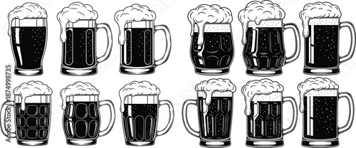 Monochrome art of beer mugs with foam, showcasing diverse vintage glass styles for pubs
